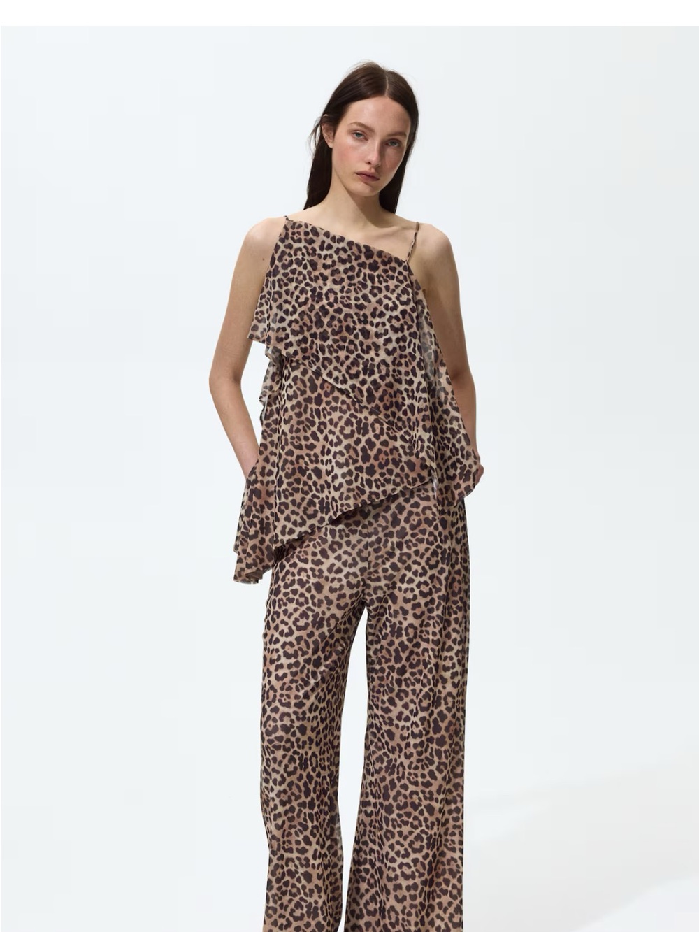 H&M Leopard Print One-Shoulder Ruffle matching set top and pants